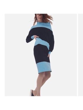 Norma Kamali All in One Spliced Colorblock Black and Light Blue Dress